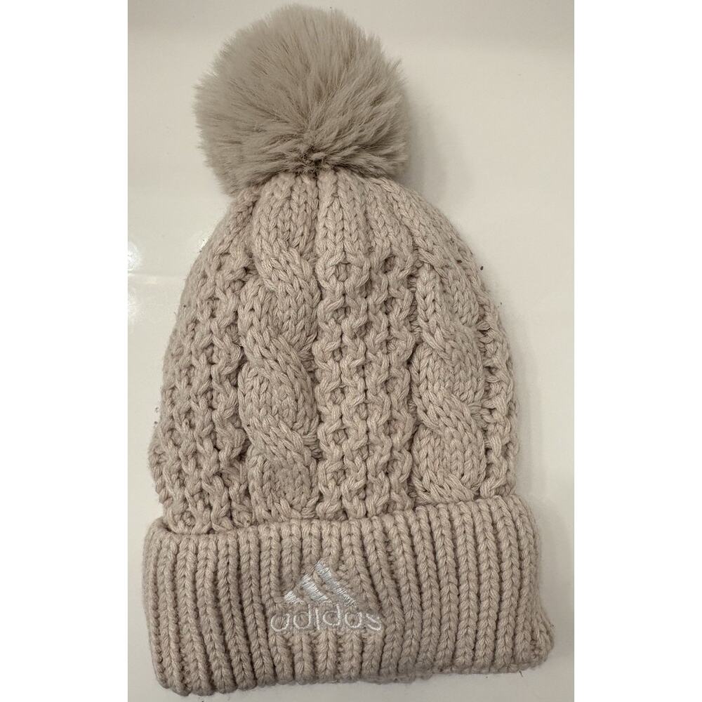 Adidas Beige Cable Knit Pom Beanie Fleece Lined